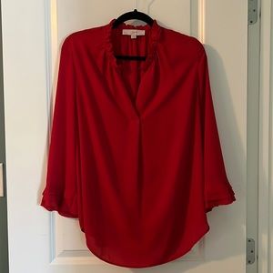 LOFT Ruffle Split Neck Blouse in Zesty Red Size Medium